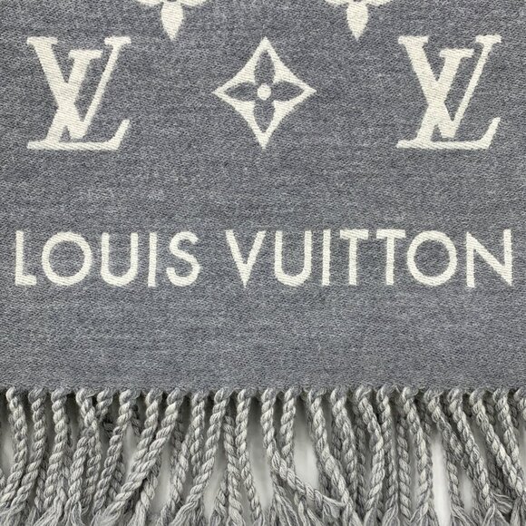 Louis Vuitton Grey Monogram Wool Fringe Scarf - Picture 4 of 9